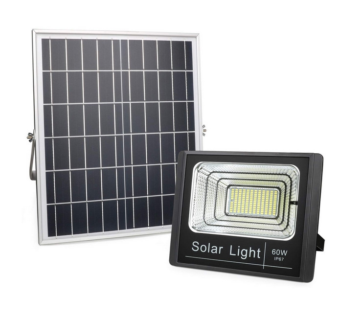 60Watt Dusk to Dawn Solar Powered Light Control Garden LED Floodlight with Timing ON/OFF Remote Controller IP67 for Outdoor Use